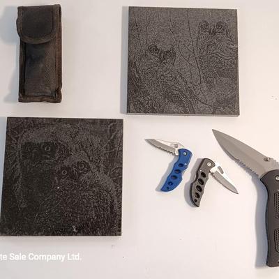 Two laser etched Owl Tiles with pocketknives.