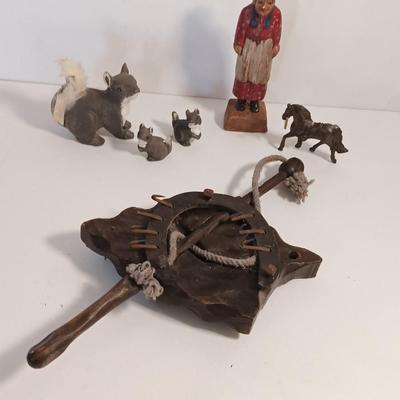 Vintage collectible figures - squirrel family, brass horse, Native woman and more