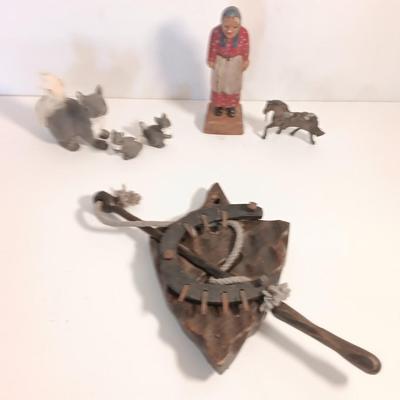 Vintage collectible figures - squirrel family, brass horse, Native woman and more