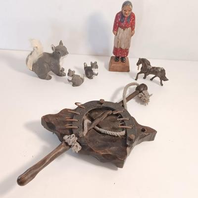 Vintage collectible figures - squirrel family, brass horse, Native woman and more