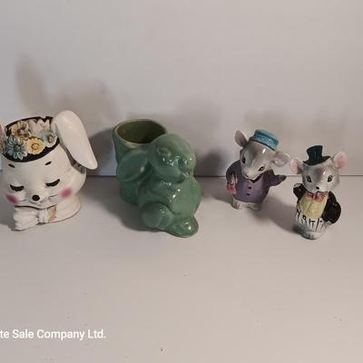 Vintage planters and vintage mouse salt & pepper shakers Norcrest Rabbitt