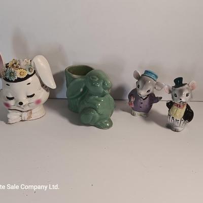 Vintage planters and vintage mouse salt & pepper shakers Norcrest Rabbitt