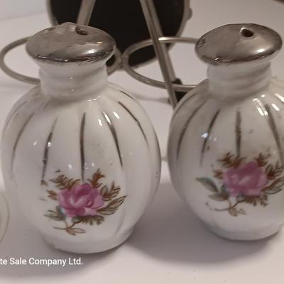 Vintage Homer Laughlin China dish made into planter and souvenir salt & pepper shakers.
