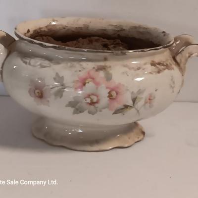 Vintage Homer Laughlin China dish made into planter and souvenir salt & pepper shakers.