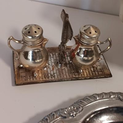 Vintage Homer Laughlin China dish made into planter and souvenir salt & pepper shakers.