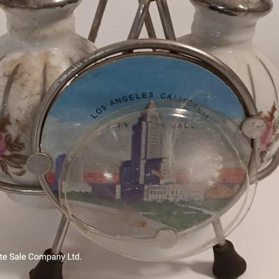 Vintage Homer Laughlin China dish made into planter and souvenir salt & pepper shakers.