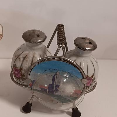 Vintage Homer Laughlin China dish made into planter and souvenir salt & pepper shakers.