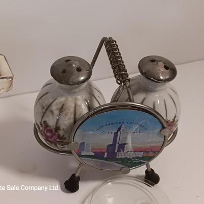 Vintage Homer Laughlin China dish made into planter and souvenir salt & pepper shakers.