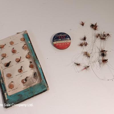 Vintage Fishing flies Fly fishing tackle with fly line cleaner tin