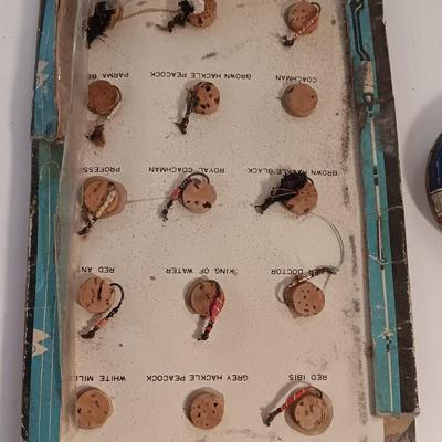Vintage Fishing flies Fly fishing tackle with fly line cleaner tin