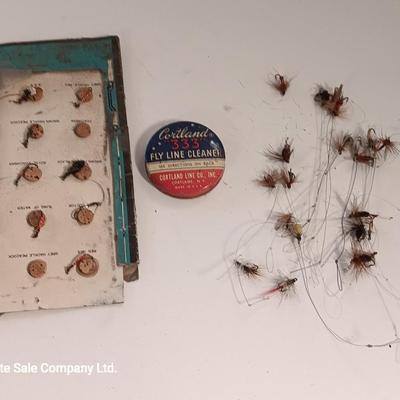 Vintage Fishing flies Fly fishing tackle with fly line cleaner tin