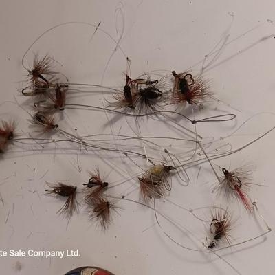 Vintage Fishing flies Fly fishing tackle with fly line cleaner tin
