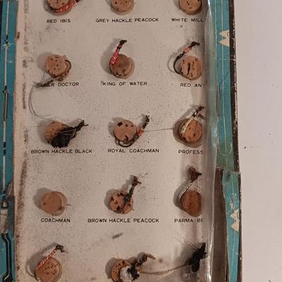Vintage Fishing flies Fly fishing tackle with fly line cleaner tin