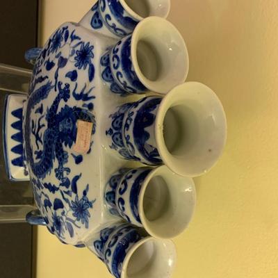 Qianlong Blue & White Porcelain Five Finger Tulip Vase Peoples Republic of China