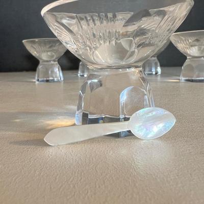 6 Vintage Cut Crystal Open Salt Cellars, 4 Mother Pearl Spoons
