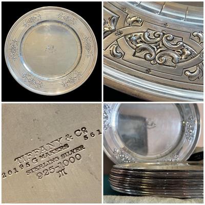 12 Antique Tiffanyâ€™s Sterling Silver Plates c. 1923-1924 w/ Original Storage Bags