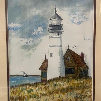 Custom Framed Original Watercolor Painting of Lighthouse, Signed