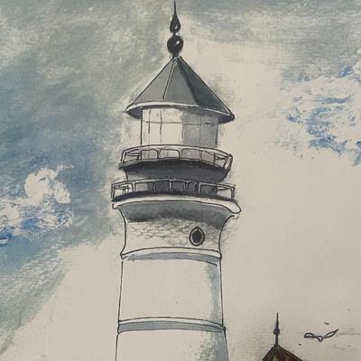 Custom Framed Original Watercolor Painting of Lighthouse, Signed