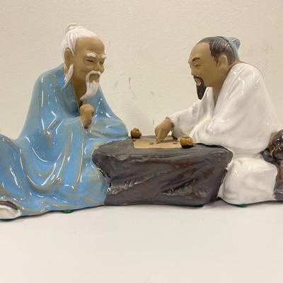 Vintage Chinese Mudman Figurine, 2 Men Playing a Game