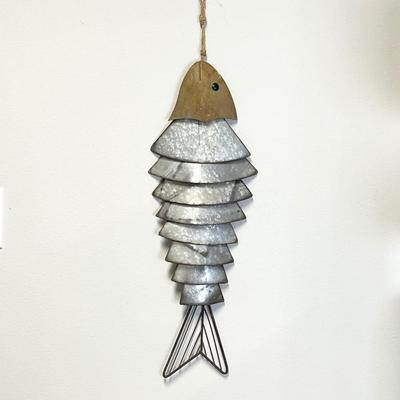 Galvanized Metal Silver Fish On Jute Wall Hanging
