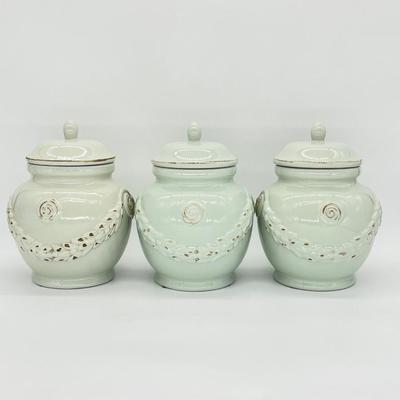 Set Of Three (3) ~ Sage Green Porcelain Jars With Lids