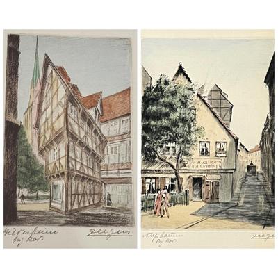 2 German Antique Hand Colored Etchings Signed