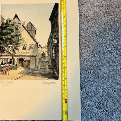 2 German Antique Hand Colored Etchings Signed