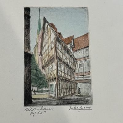 2 German Antique Hand Colored Etchings Signed