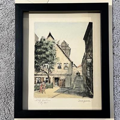 2 German Antique Hand Colored Etchings Signed