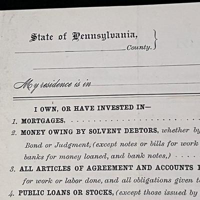 Blank 1800's State of Pennsylvania Personal Property Document