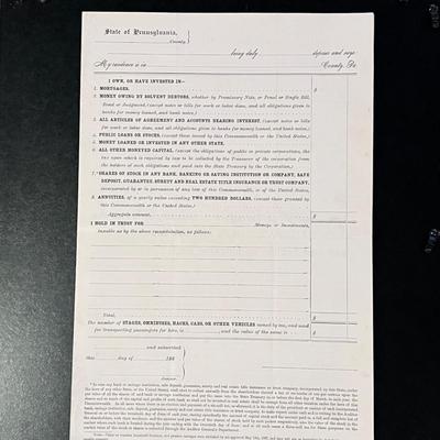 Blank 1800's State of Pennsylvania Personal Property Document