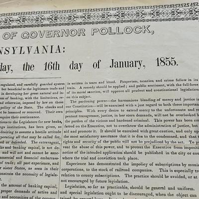 Antique Print Inaugural Address of Governor Pollock of PA - 19"x24"