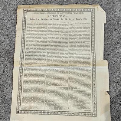Antique Print Inaugural Address of Governor Pollock of PA - 19"x24"