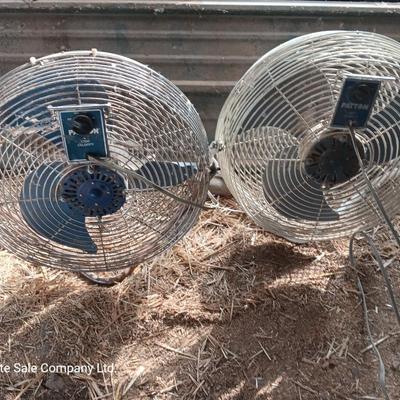Two metal guard steel framed free standing electric fans