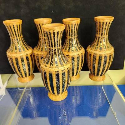 5 Vintage Zhejiang Handicrafts Bamboo Weave Wicker Vase