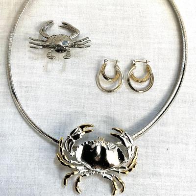 1051 Crab Silvertone Pin Pendant with Earrings and Brooch