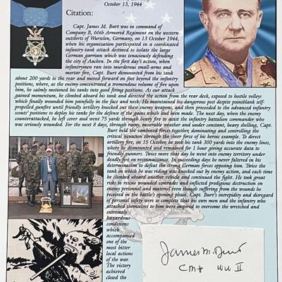 WWII James M. Burt signed Medal of Honor citation sheet