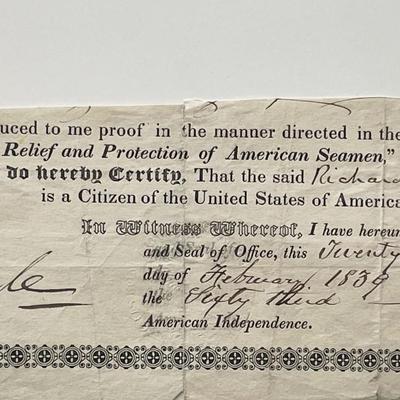 Signed 1839 certificate for the protection of an American seaman