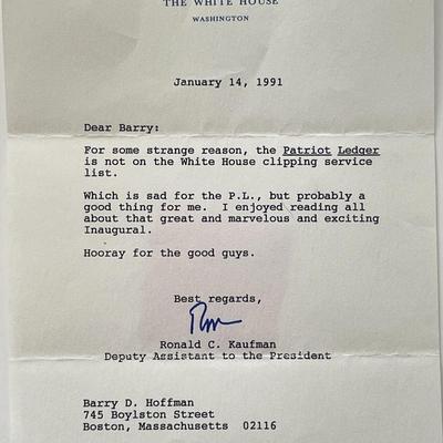 Assistant to President George H.W. Bush Ron Kaufman signed letter 