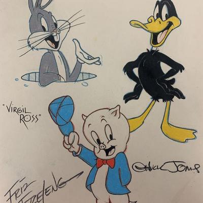 Looney Tunes Sketch signed by Virgil Ross, Chuck Jones and Friz Freleng