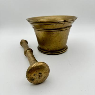 Antique European Solid Heavy Brass Apothecary Mortar and Pestle