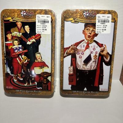 Two Norman Rockwell 500 Piece Puzzles in Tins