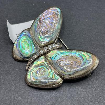 Sterling Silver & Abalone Shell Butterfly Brooch with CZs