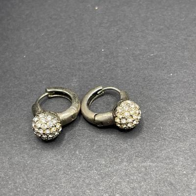 Sterling Silver Hoop Earrings with Faux Diamond Ball 