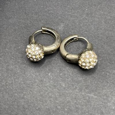 Sterling Silver Hoop Earrings with Faux Diamond Ball 