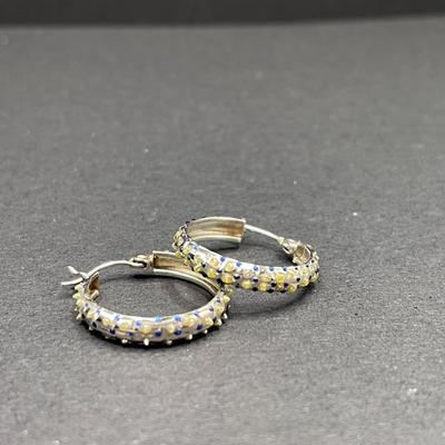 10K White Gold Earrings with Blue & White Enamel Dots