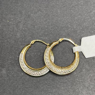 Two Tone 14K Gold Hoop Earrings with Greek Key Pattern