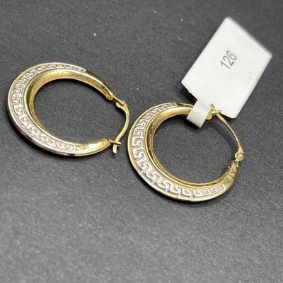 Two Tone 14K Gold Hoop Earrings with Greek Key Pattern