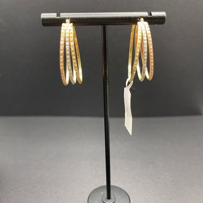 Tri Color 14K Gold Hoop Earrings with Faux Diamonds