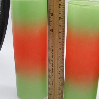 Vintage MCM Blendo Glass Orange & Green Ombre Beverage Barware Set of 5